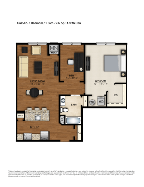 Floor plan for 1 bed, 1 bath, 932 sqft